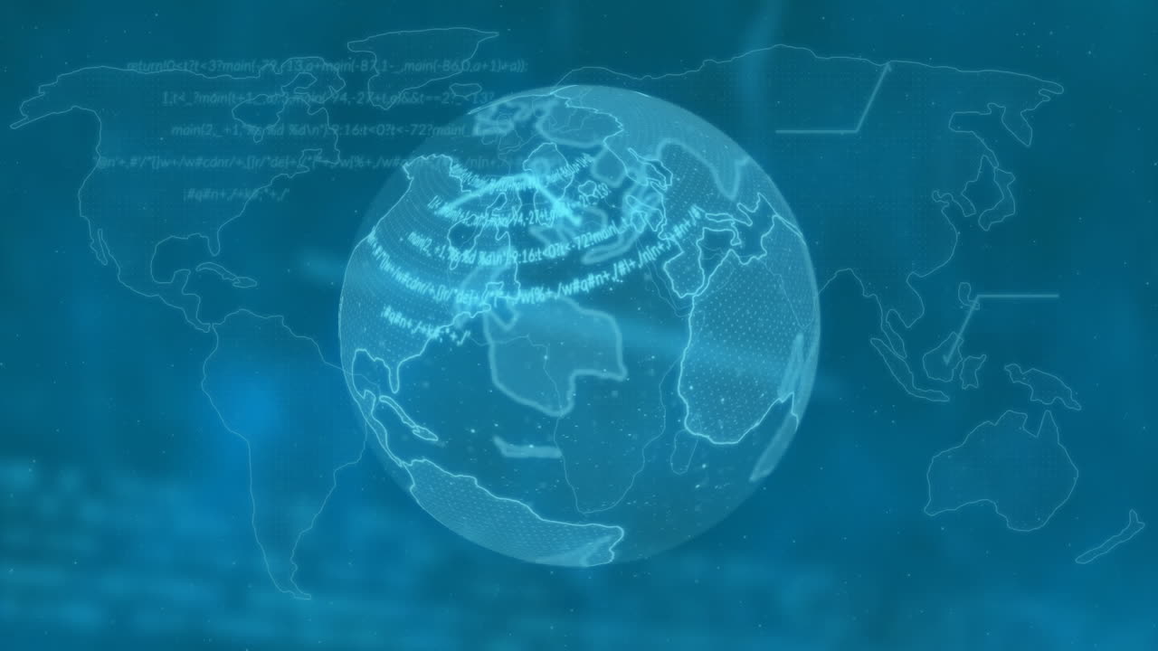 기술 설정에서 세계 지도 배경에 대한 코딩 애니메이션으로 회전하는 지구