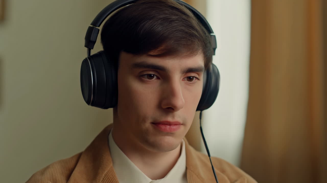 ヘッドフォンをかぶった若い男が音楽を聴いている