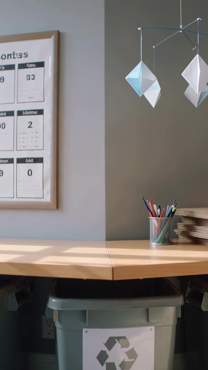 Vertical video: Panning cam revealing recycle bin at home desk to reveal swaying mobile and pencils