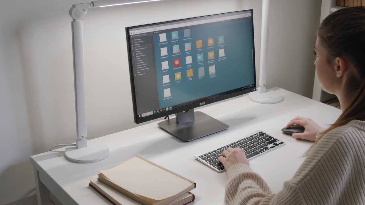 En kvinde reagerer på en filopdatering, iført en ribstrikket sweater, mens hun bruger mus og tastatur ved skrivebordet, med plads til tekst.