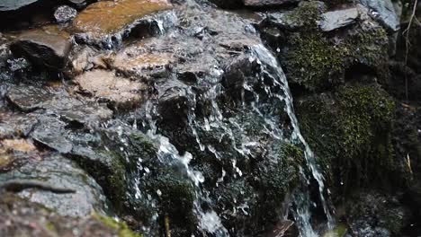 close up of small waterfall flowing over mossy rocks in slow motion