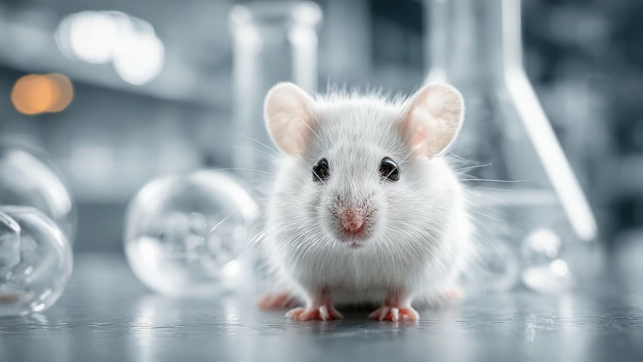 Primo piano di un topo bianco da laboratorio circondato da vetreria, che mostra uno sguardo magro e introspettivo in un ambiente scientifico