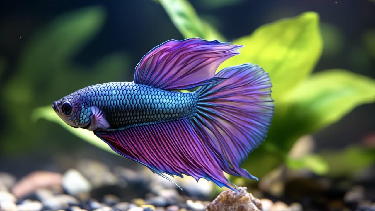 Colorful betta fish swimming in aquarium. A vibrant betta fish glides gracefully through a lively aquarium filled with green plants and pebbles.