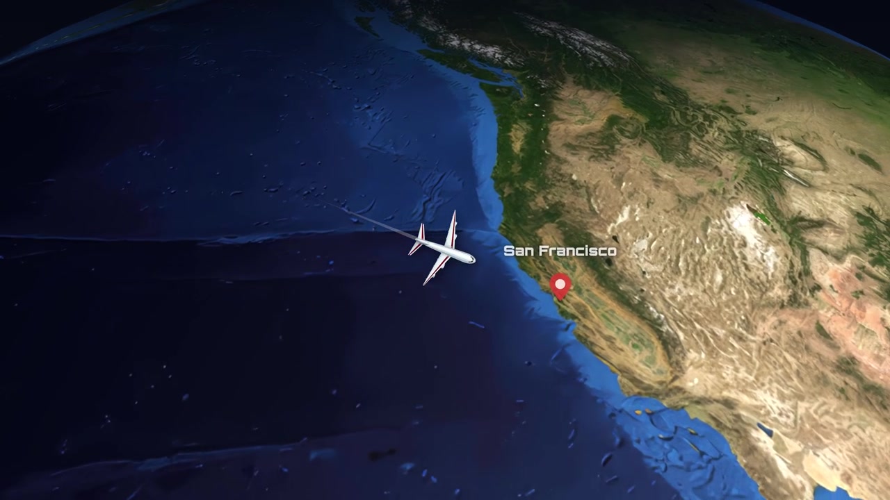 Satellite view animation follows a commercial airplane flying across the Pacific Ocean toward North America