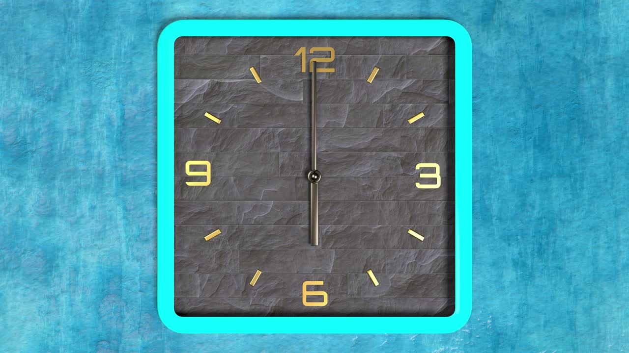 Animazione 3D di un orologio a forma quadrata sulla parete. Motivo continuo del tempo che scorre.
