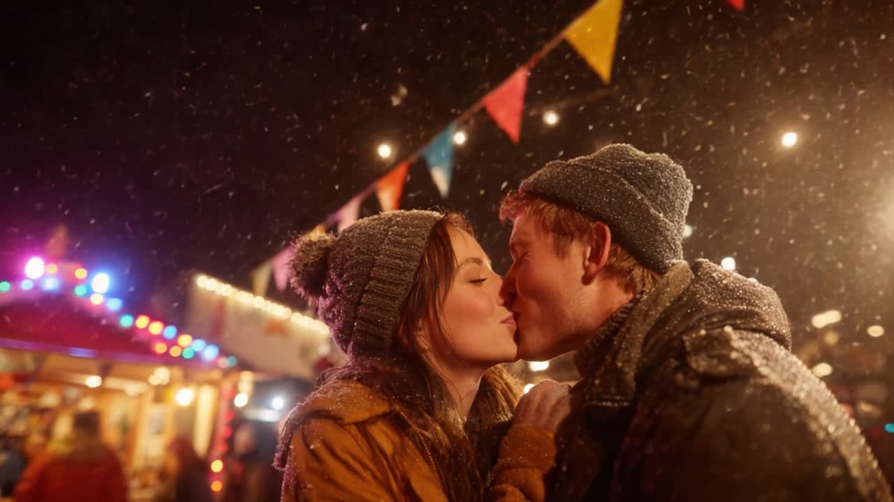 A romantic winter scene unfolds as a couple shares a sweet kiss amidst falling snowflakes and vibrant decorations, capturing the essence of love in a festive atmosphere