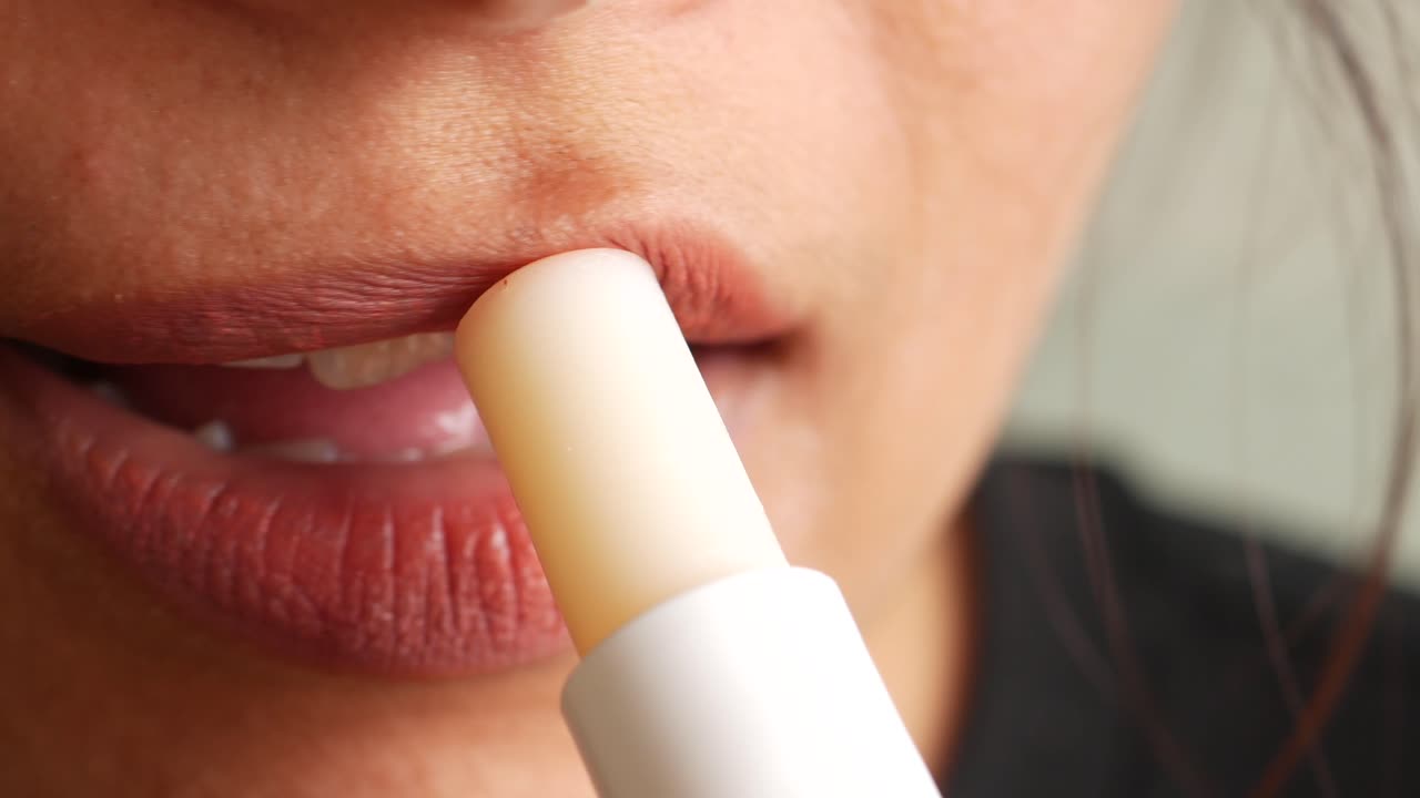 mujer aplicando bálsamo labial en primer plano