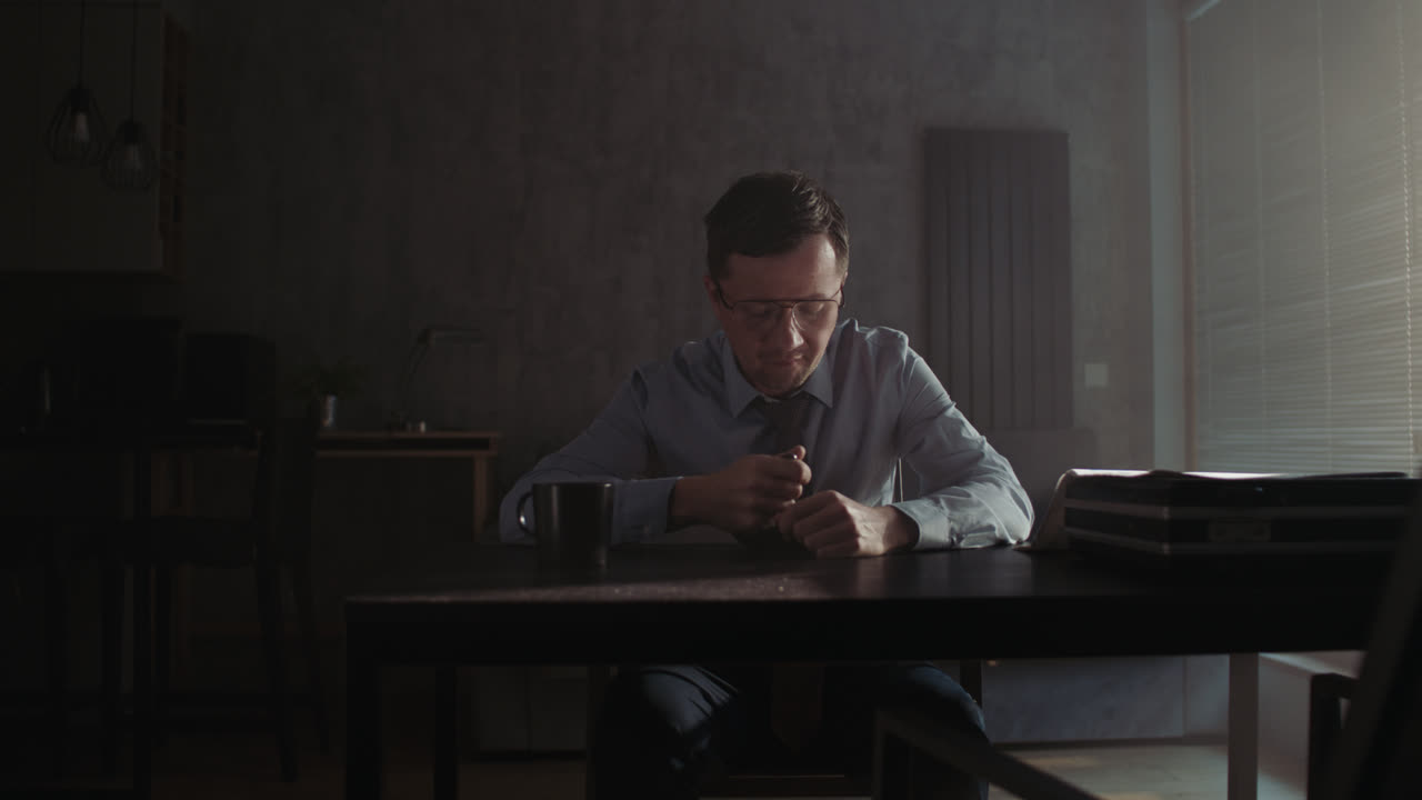 Un uomo triste in camicia fa colazione lentamente