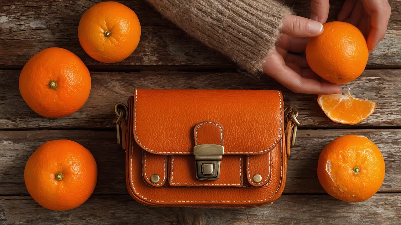 An Elegant Orange Handbag Surrounded by Fresh Oranges on a Rustic Wooden Table, Capturing a Vibrant and Fresh Aesthetic in a Soft and Inviting Setting