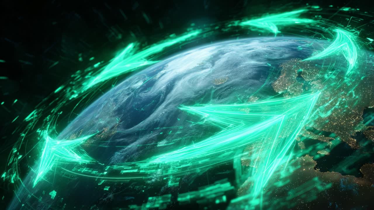 Animated green arrows circling the planet Earth in space, representing recycling, sustainability, renewable energy, and environmental conservation for a healthy world with a clean future