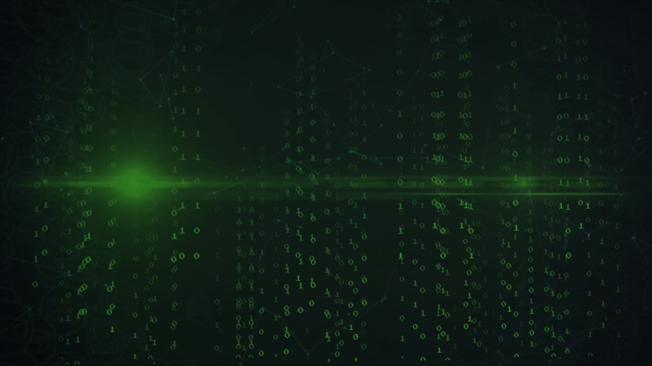 Binary streams drifting and growing then horizontal green beam sweeping highlighting dimming digits