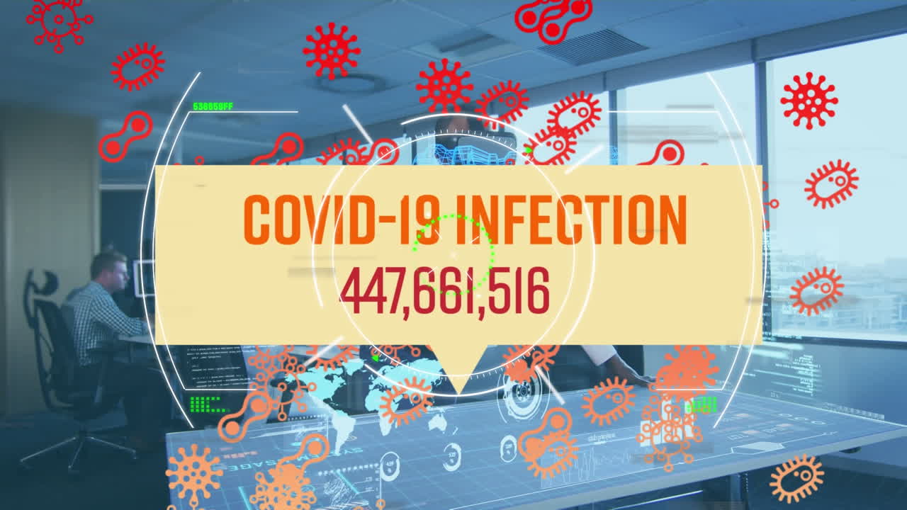 Animation of text covid 19 infection, scanner and virus cells over man in vr headset in office