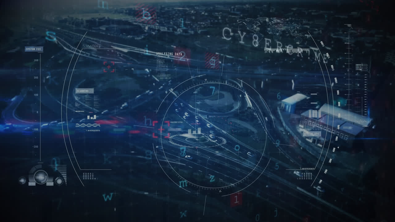 Animation of data processing and security icons over cityscape