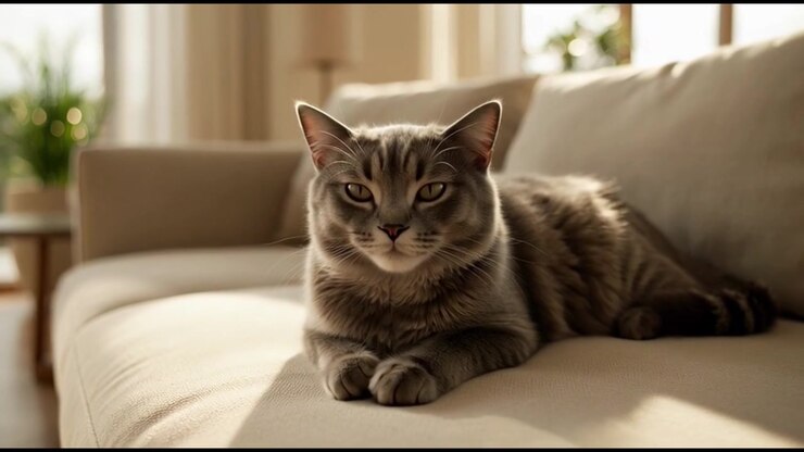 Grey Tabby Cat Resting on a Comfortable Sofa in a Bright Living Room