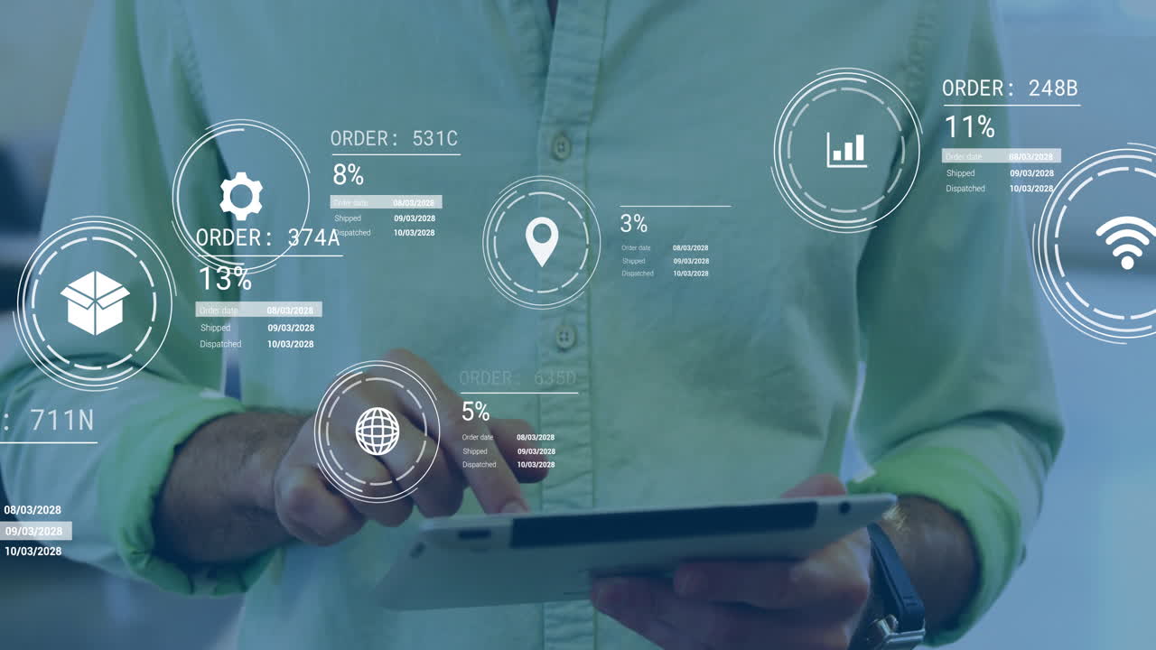 Interacting with digital data analytics, person using tablet screen for animation