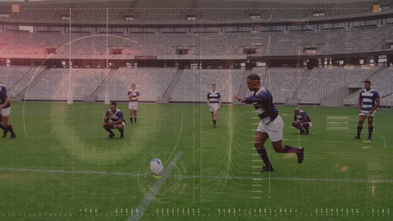 스포츠 경기장에서의 럭비 경기에 대한 데이터 처리 애니메이션