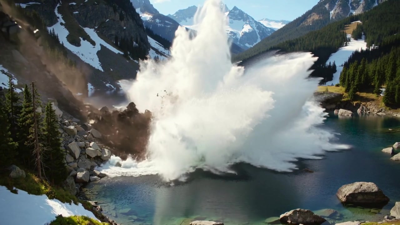 Masso che cade staccandosi da una scogliera in alto a sinistra, precipitando in un lago alpino e creando un'alta colonna d'acqua