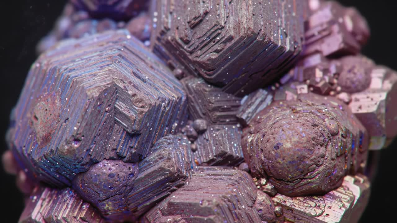 A Stunning Close-Up of Iridescent Crystals Displaying Unique Geometric Patterns and Vibrant Colors in Intricate Formations Under Natural Light