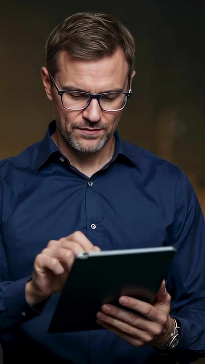 Video verticale: uomo che legge e tocca un tablet in studio, con camicia blu navy e occhiali