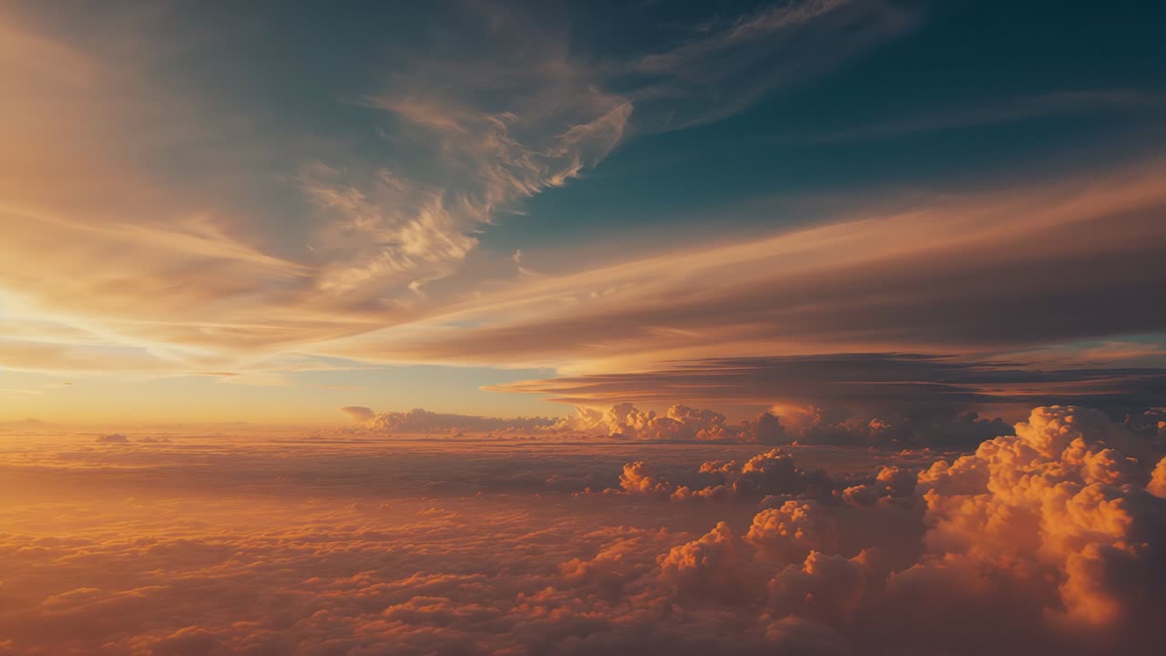 Recording drone in sky capturing drifting clouds as sun nears horizon, sunlight shining on horizon