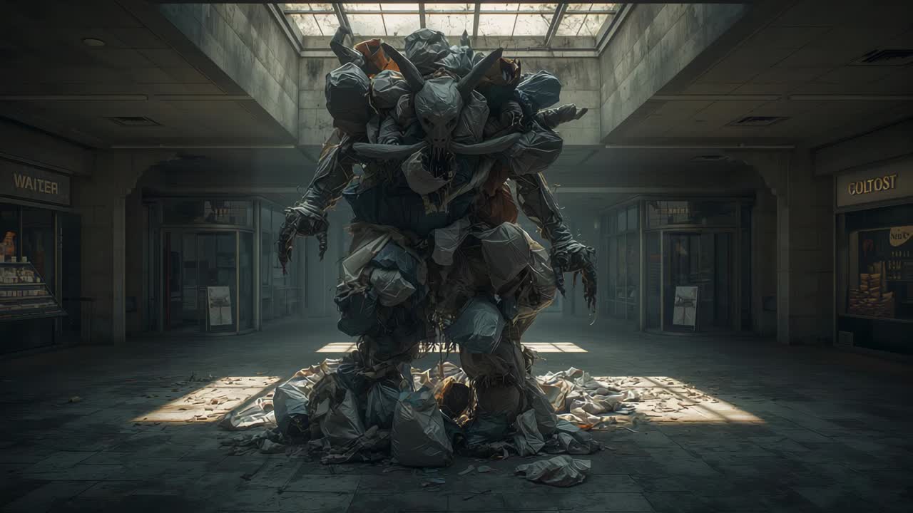 Casting sunlight through skylight projecting on concourse floor, illuminating stacked fabric sacks