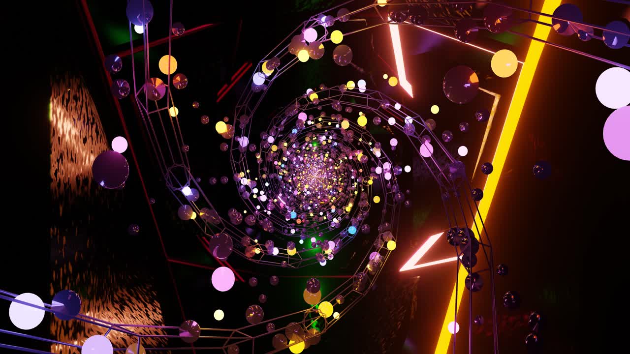 Engaging visual experience showcases a seamless flow of interconnected orbs and dynamic light patterns in a spiraling motion. Colors blend and pulse, creating an immersive atmosphere