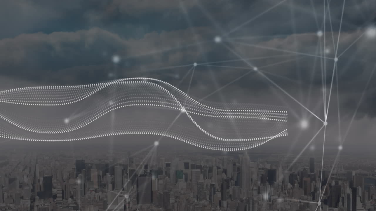 도시 풍경의 공중 시야에 대한 연결 네트워크와 디지털 파동의 애니메이션