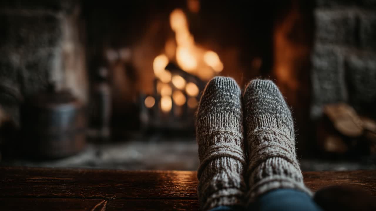 A Cozy Retreat: Warm Feet in Chunky Knit Socks by the Crackling Fireplace on a Cold Day, Embracing the Comfort of Home and Relaxation