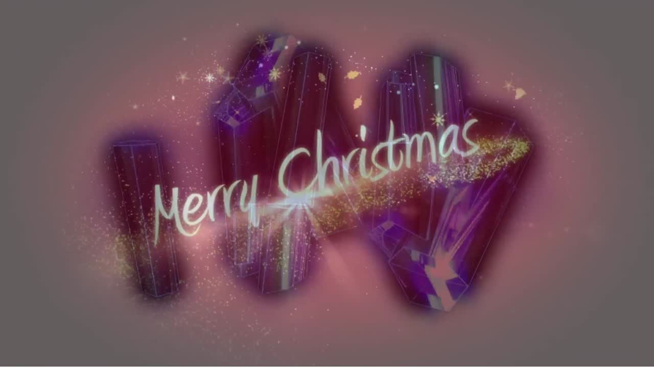 animación digital de texto de feliz navidad y estrellas brillantes sobre cristales sobre fondo gris