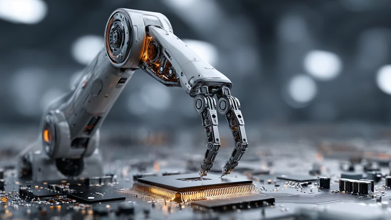 A Highly Advanced Robotic Arm Engaging with Microchips on a Circuit Board in a Futuristic Setting, Highlighting Precision Engineering and Technological Innovation