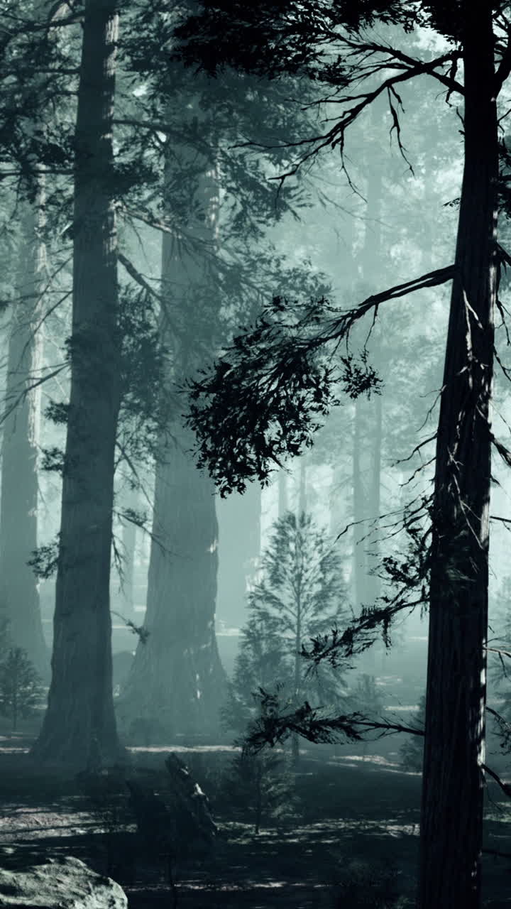 黑色的树干在黑暗的松树林中