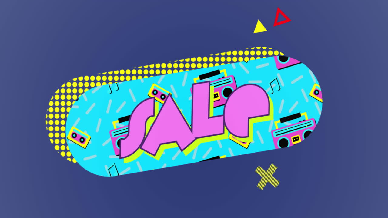 Animation of sale text over retro pattern on blue background
