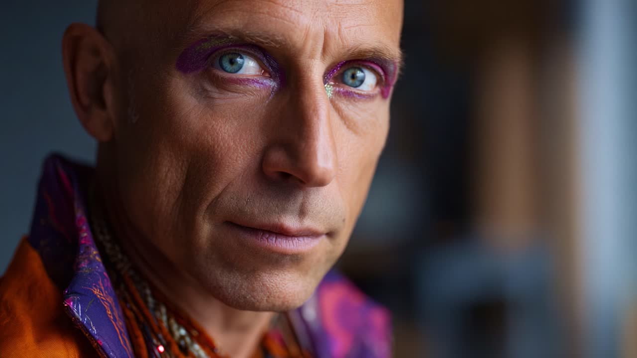 Ritratto affascinante di un uomo con trucco originale e occhi magnetici, che emana sicurezza e creatività in un ambiente artistico e colorato