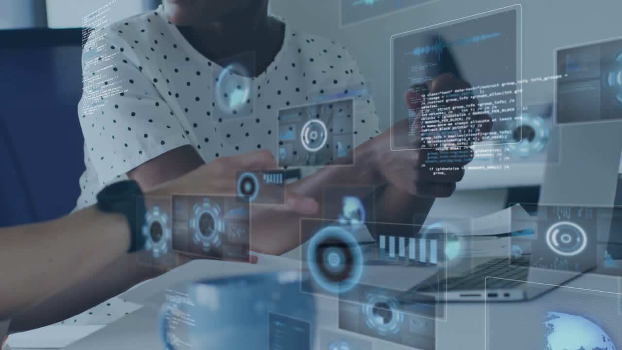 Animation of financial data processing over diverse businesswomen in office