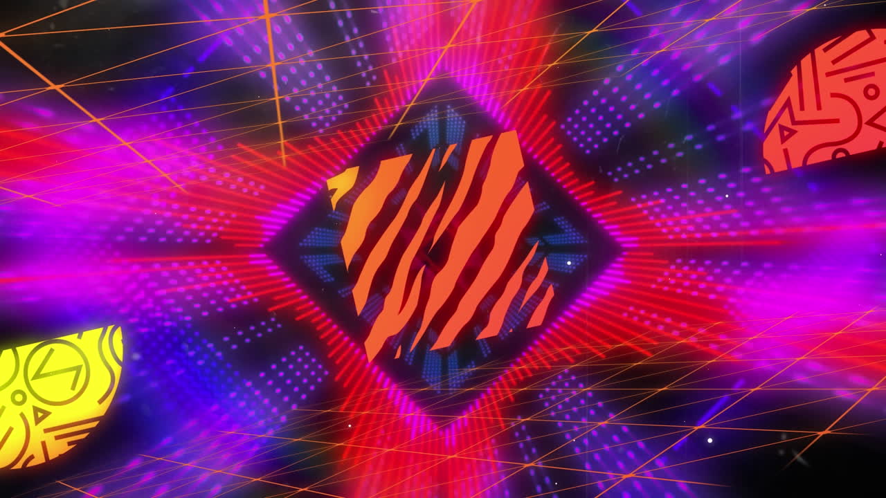 animazione di forme astratte contro il tunnel al neon in un disegno senza cuciture su sfondo nero.