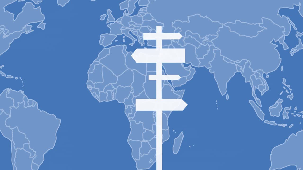 animación de una señal de tráfico y un mapa del mundo sobre fondo azul