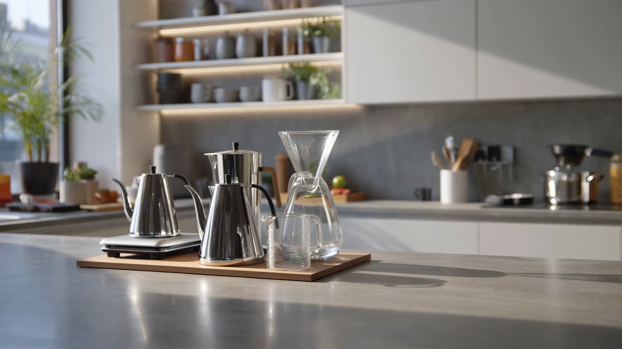 Stainless steel coffee kettles, glass pour-over carafe, clear cup, and wooden board rest on sleek kitchen island while sunlight shifts, shadows stretch, and reflective surfaces glow in calm morning