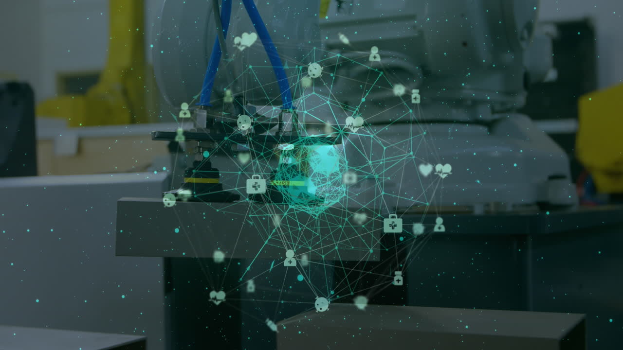 animación de la red de conexiones con iconos sobre las máquinas en el laboratorio.