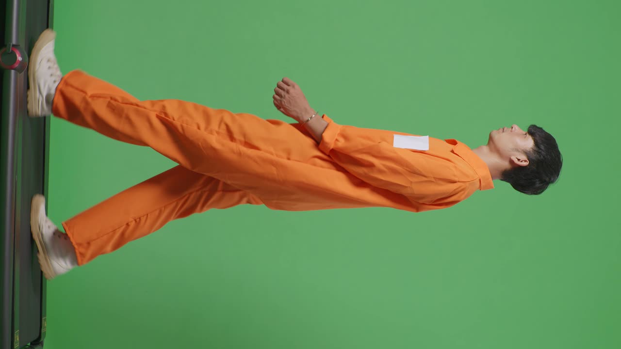 vista lateral cuerpo completo de prisionero masculino asiático en esposas caminando en el fondo de la pantalla verde