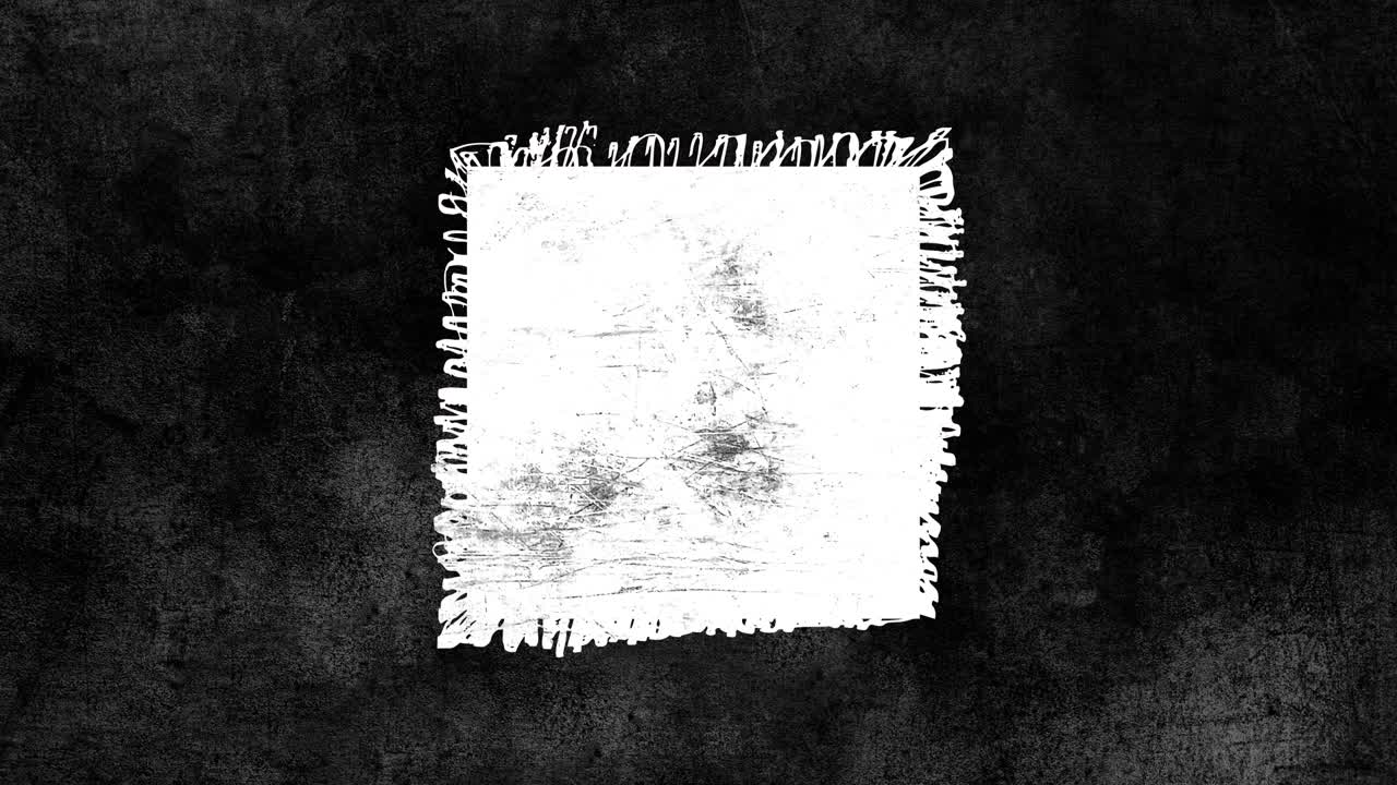 Abstract grunge dirty monochrome square shape on black background. Scratched damaged dynamic element in trendy vintage stop motion style. Seamless loop animation for design banner, stamp.