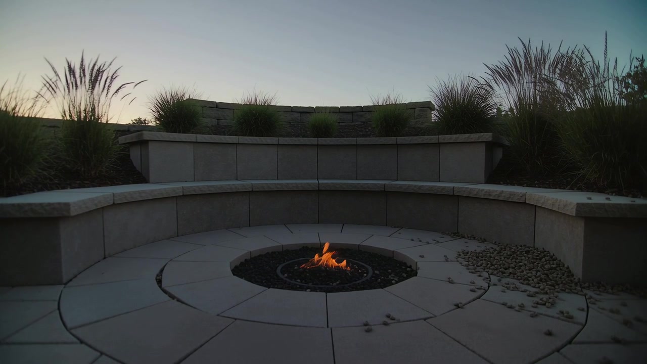 Flickering circular fire pit, breeze lifting flames across rings at dusk, bench, grass swaying