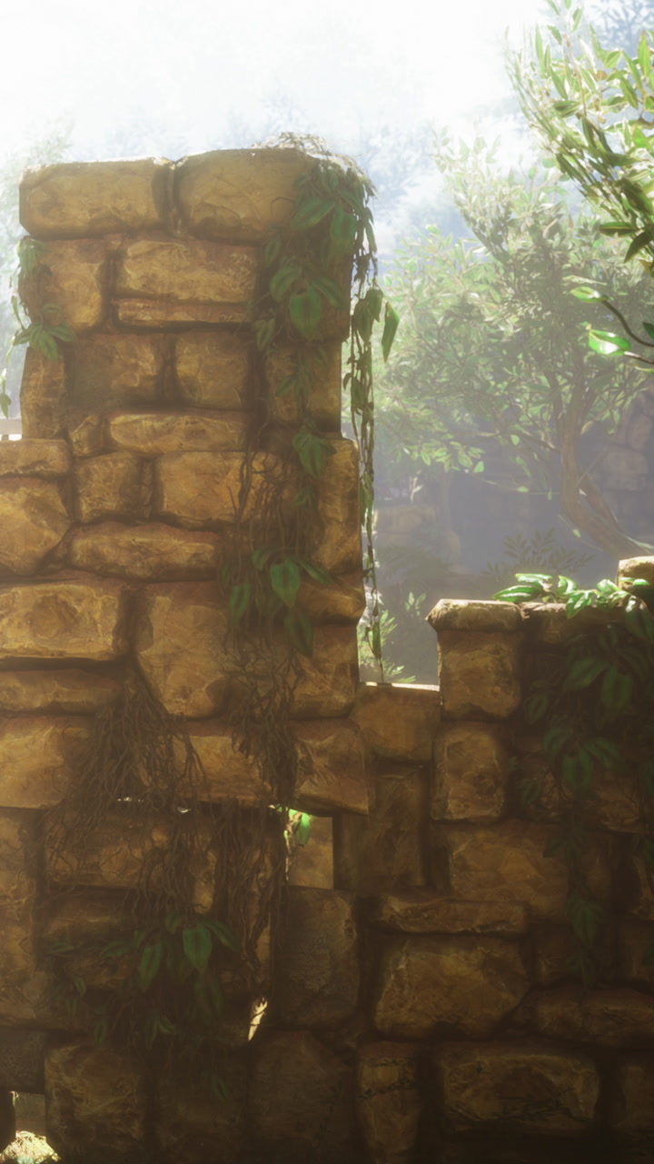 Vines embracing ancient stone walls in a hidden forest sanctuary