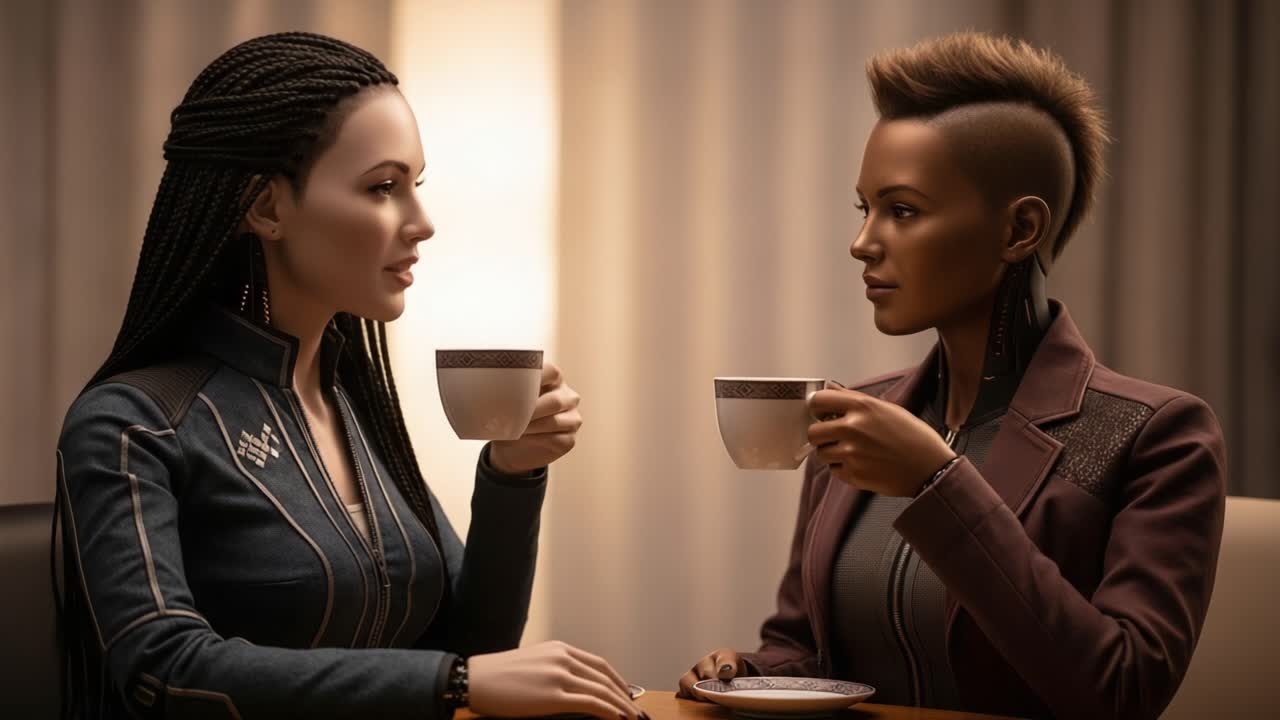 Due personaggi futuristici sono impegnati in una conversazione profonda davanti a due tazze di caffè fumante, con un leggero sfondo illuminato che esalta i loro stili ed espressioni uniche.
