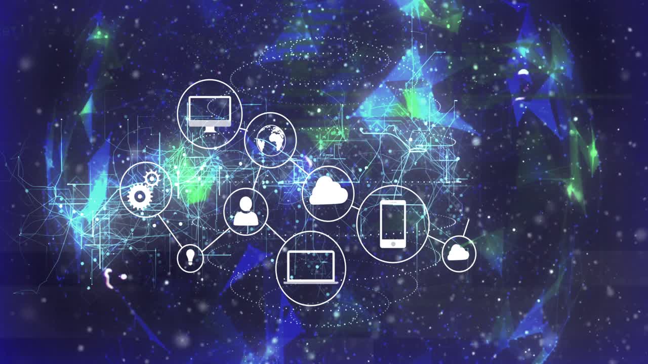 animación de la red de iconos digitales y conexiones sobre el globo giratorio