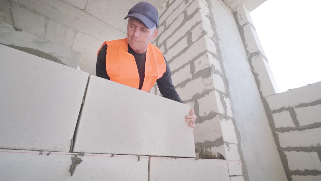 constructor que coloca una pared de bloques de gas con herramientas y mortero adhesivo. construcción de bloques acc. un trabajador construye una pared interior de una casa de ladrillos de hormigón aerado.