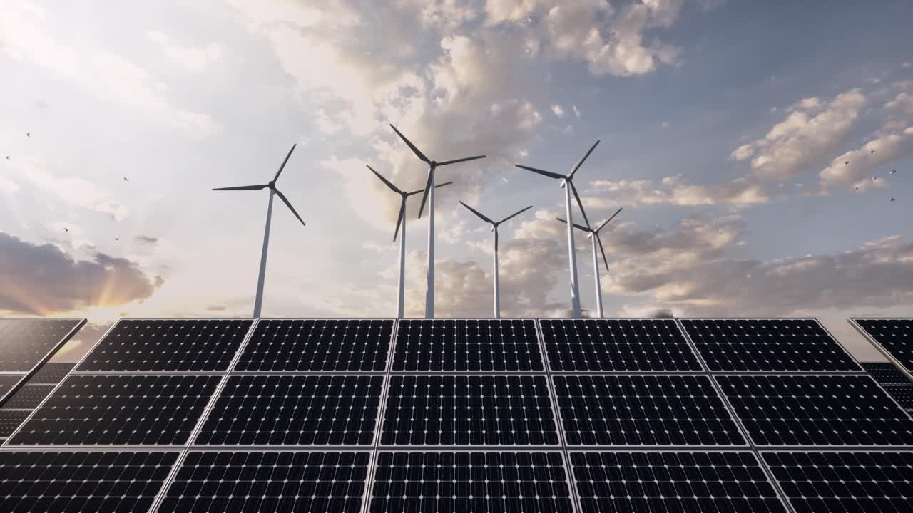 Renewable Energy Concept with Solar Panels and Wind Turbines