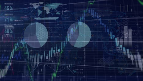 Animation-of-multiple-graphs,-changing-numbers-and-infographic-interface-over-abstract-background