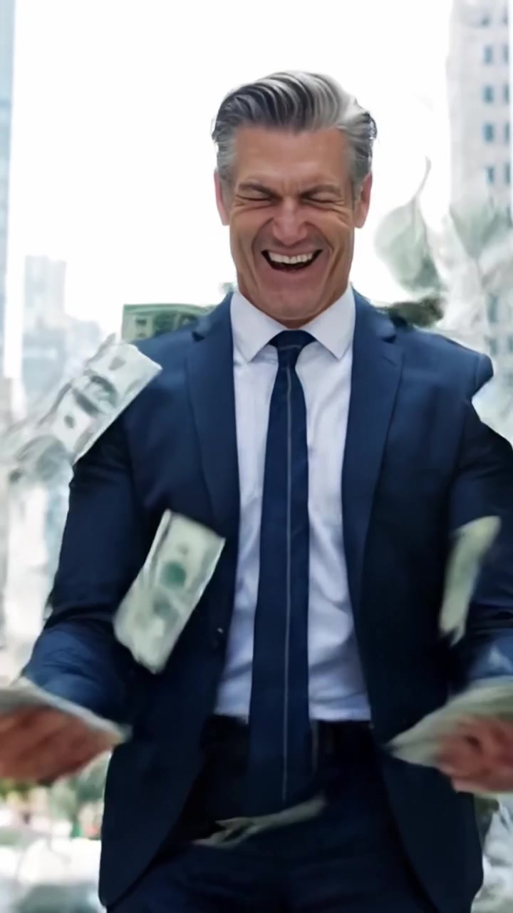 Un trionfo nella ricchezza: un uomo d'affari celebra un guadagno inaspettato tra i grattacieli della città, irradiando gioia e prosperità in movimento.