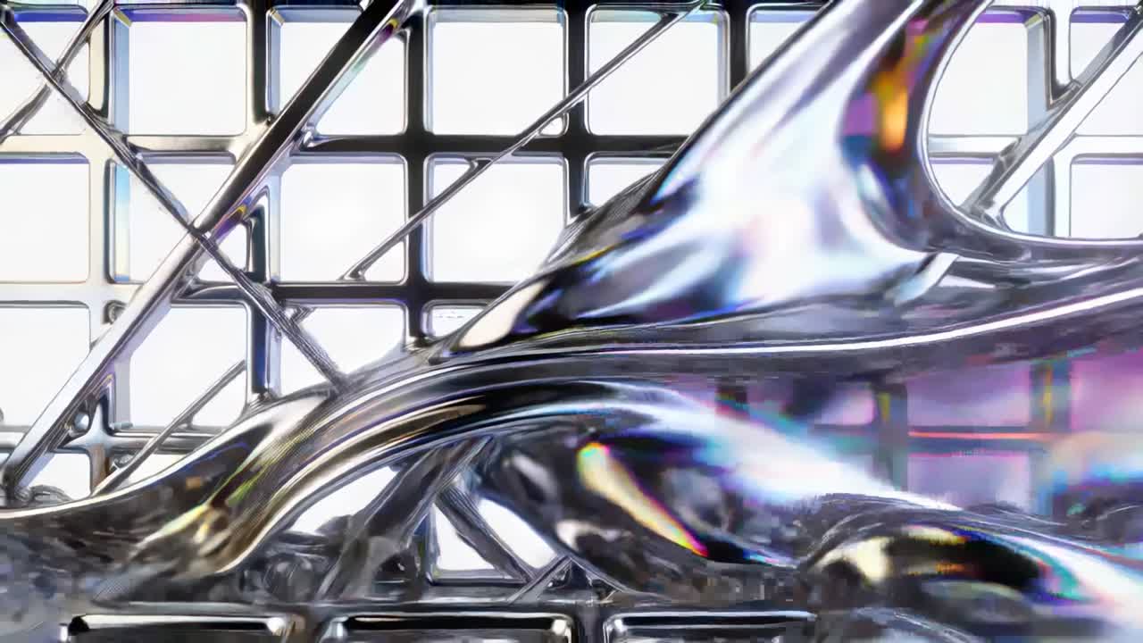 Entering from right, sliding rainbow film bulging and pooling over chrome grid, covering braces