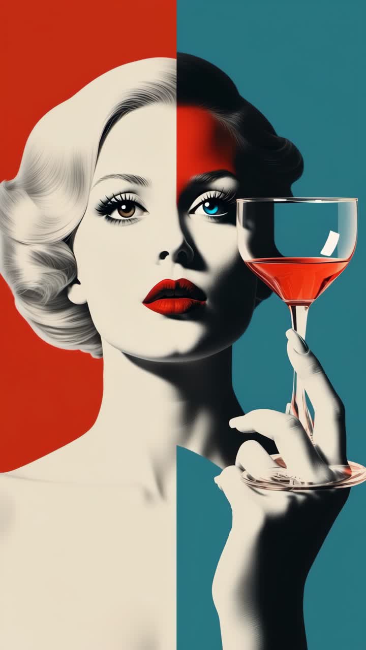 Kokteyl bardağı tutan bir kadının stilize edilmiş vintage pop art çizimi